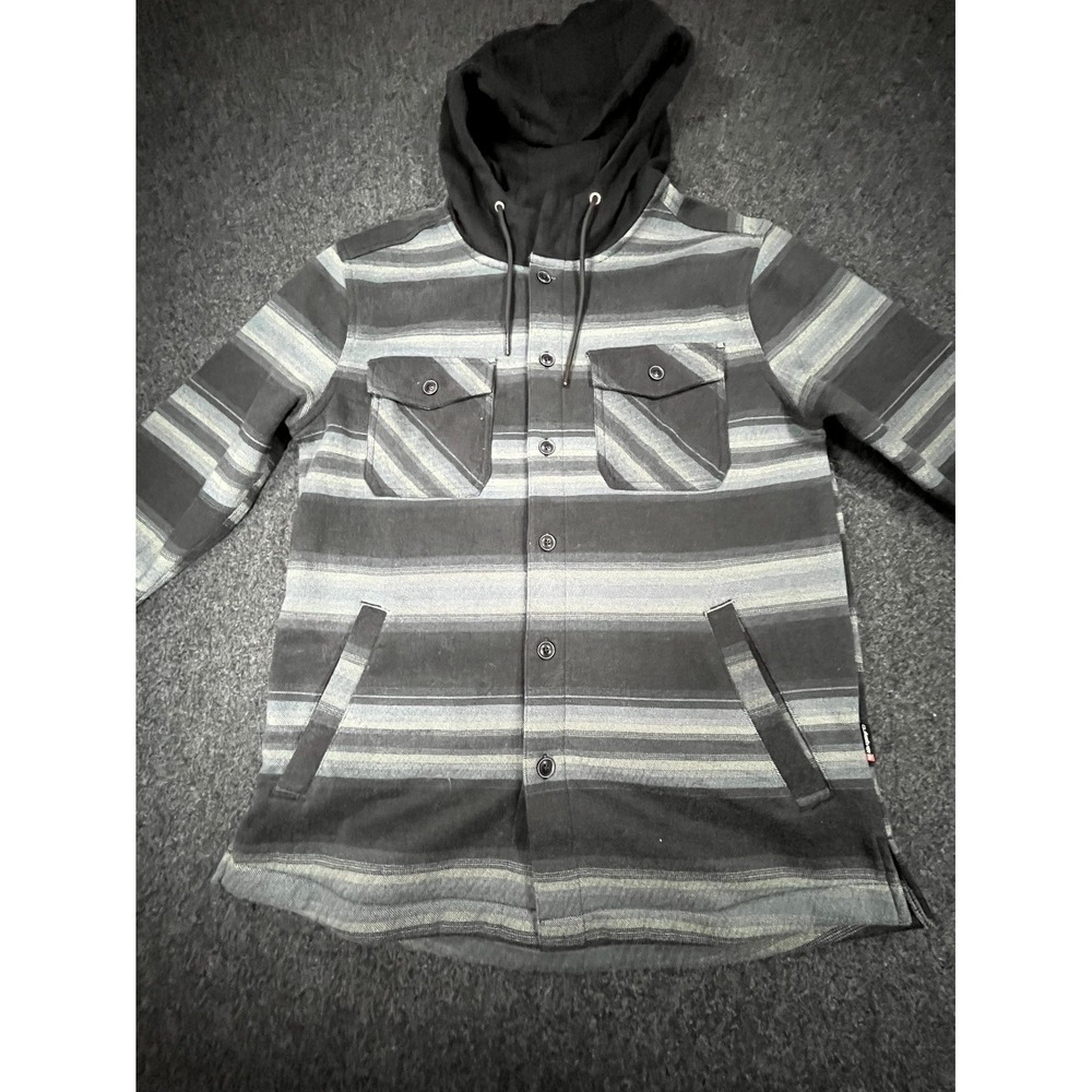 Quiksilver Flannel Shacket Men Small Gray Black Striped Hooded Casual Surf Skate